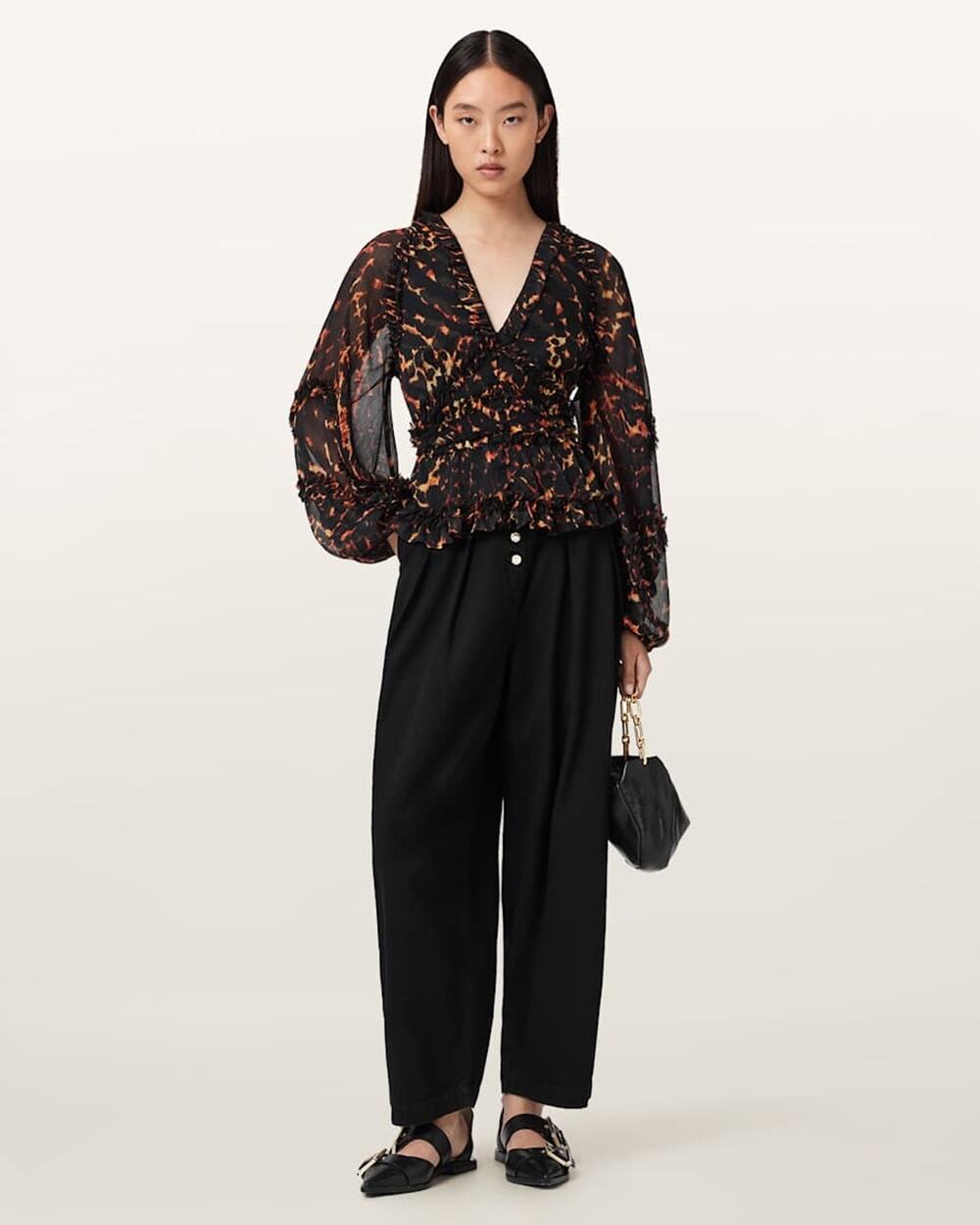 Allsaints SILVIE Ruffle Balloon Sleeve Blouse in Pardus Flame Brown Size 6 NWT